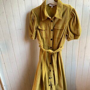 Likely Brand Linsley Yellow Corduroy Puff Sleeve Snap Front Belted Maxi Dress 8
